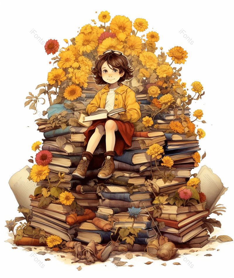 书堆上读书阅读人物手绘插画图,插画/手绘图,插画/手绘图库,插画/手绘图下载,插画/手绘